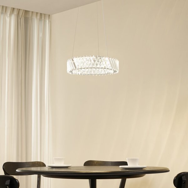 Lucande LED κρεμαστό φωτιστικό Glacis, κρύσταλλο, Ø 40 cm, χρώμιο, Διαφανές, Σαλόνι / τραπεζαρία, Γυαλί, σχεδιασμός