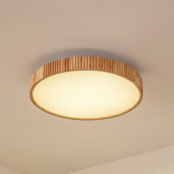 Lindby LED φωτιστικό οροφής Velua, λευκό/ανοιχτό ξύλο, CCT, Ø 50 cm, ρυθμιζόμενος, Ξύλου, Σαλόνι / τραπεζαρία, Ξύλο, σύγχρονο