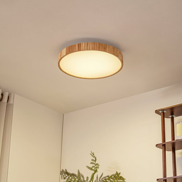 Lindby LED φωτιστικό οροφής Velua, λευκό/ανοιχτό ξύλο, CCT, Ø 50 cm, ρυθμιζόμενος, Ξύλου, Σαλόνι / τραπεζαρία, Ξύλο, σύγχρονο