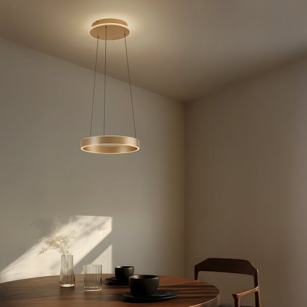 Lucande LED κρεμαστό φωτιστικό Tindra, Ø 40 cm, χρυσό, ρυθμιζόμενο, ρυθμιζόμενος, Χρυσό / Ορείχαλκου, Σαλόνι / τραπεζαρία, Μέταλλο, σύγχρονο