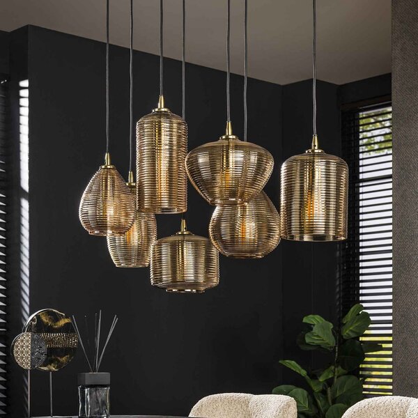 Zijlstra Stripeglass mix κρεμαστό φωτιστικό, 7-light, γυαλί, πορτοκαλί, ανθρακί, ρυθμιζόμενος, Σαλόνι / τραπεζαρία, Γυαλί