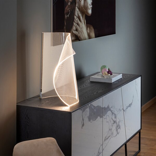 Schuller Valencia Επιτραπέζιο φωτιστικό LED Velos II, χρώμιο, dimmer, μέταλλο, πλαστικό, ρυθμιζόμενος, Διαφανές, Σαλόνι / τραπεζαρία, Πλαστικό, σχεδιασμός