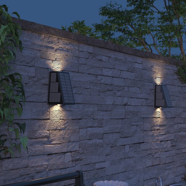 Calex Solar-LED-Außenwandleuchte Matera, up/down, μαύρο, Μαύρο, Πλαστικό, σύγχρονο, Γωνιακός τοίχος