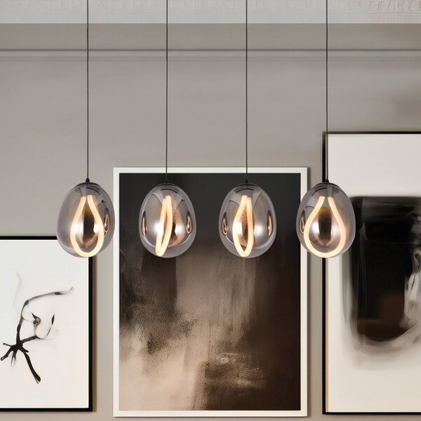 Viokef LED κρεμαστή λάμπα Melanie, μήκος 85 cm, καπνιστό γκρι, γυαλί 4 φύλλα., Γκρι, Σαλόνι / τραπεζαρία, Γυαλί