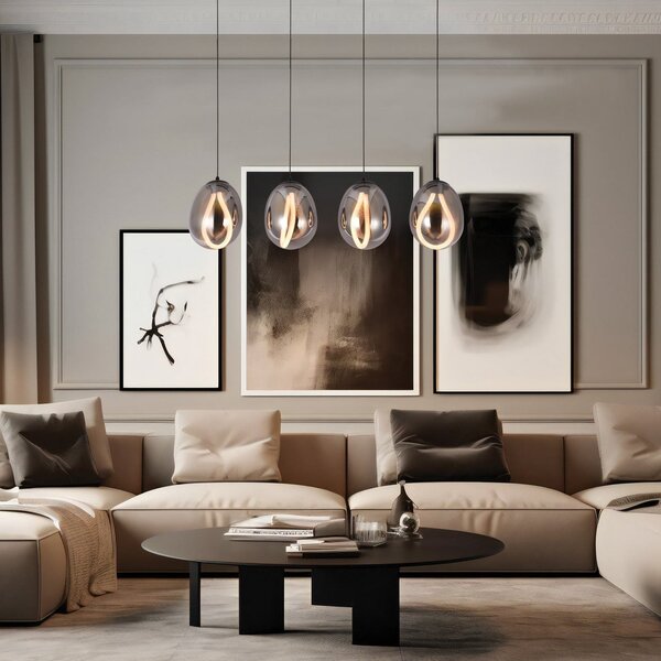 Viokef LED κρεμαστή λάμπα Melanie, μήκος 85 cm, καπνιστό γκρι, γυαλί 4 φύλλα., Γκρι, Σαλόνι / τραπεζαρία, Γυαλί