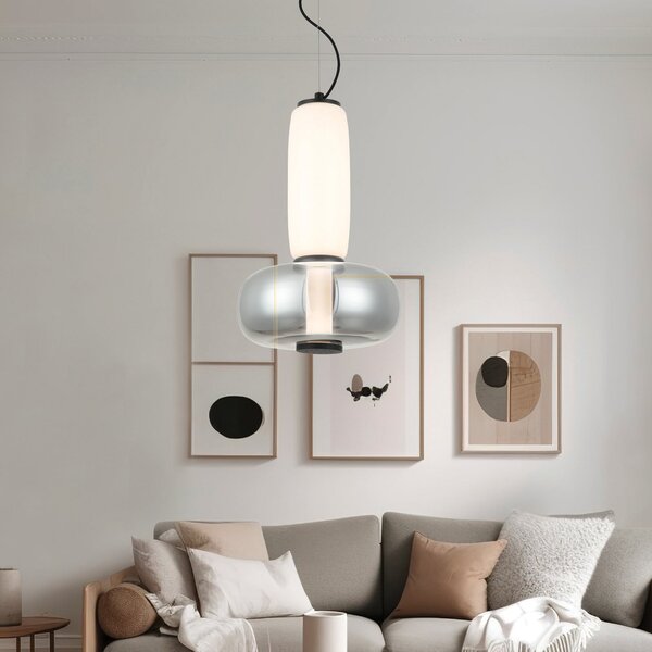 Viokef LED κρεμαστή λάμπα Avery, καπνιστό γκρι/λευκό, Ø 32 cm, γυαλί, Γκρι, Σαλόνι / τραπεζαρία, Γυαλί, σύγχρονο