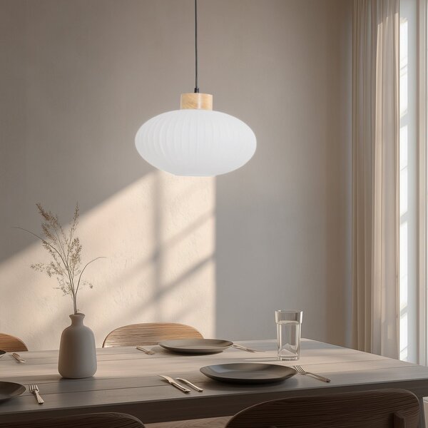 Lamkur Κρεμαστό φωτιστικό Harmony, Ø 25 cm, λευκό/ξυλό, γυαλί/ξύλο, ρυθμιζόμενος, Λευκό, Σαλόνι / τραπεζαρία, Γυαλί, Σκανδιναβικό