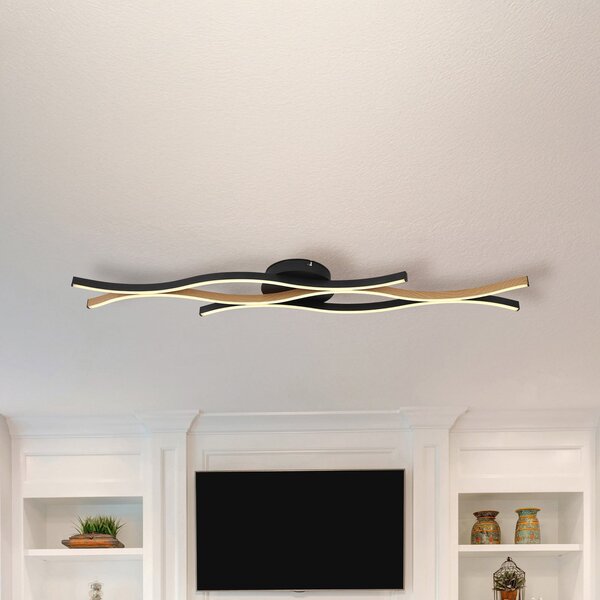 Globo LED φωτιστικό οροφής Geronimo, μήκος 108 cm, μαύρο/εμφάνιση ξύλου, Μαύρο, Σαλόνι / τραπεζαρία, Αλουμίνιο, σύγχρονο