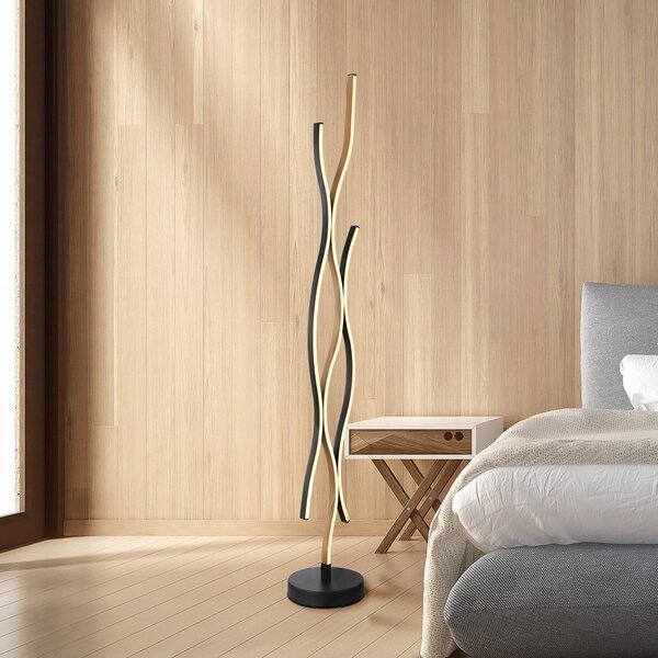 Globo Λάμπα δαπέδου LED Geronimo, ύψος 135 cm, μαύρο/εμφάνιση ξύλου, Μαύρο, Σαλόνι / τραπεζαρία, Αλουμίνιο, σύγχρονο