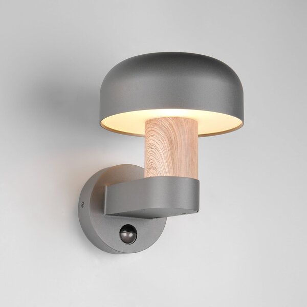 Trio Lighting Εξωτερικός φωτισμός τοίχου Fraser Sensor, γκρι/εμφάνιση ξύλου, αλουμίνιο IP54, Ξύλου, Αλουμίνιο