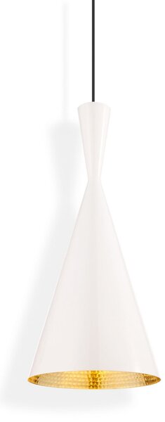 Tom Dixon LED κρεμαστό φωτιστικό Beat Tall, λευκό, Ø 19 cm, ορείχαλκος, ρυθμιζόμενος, Λευκό, Σαλόνι / τραπεζαρία, Ορείχαλκος, σχεδιασμός