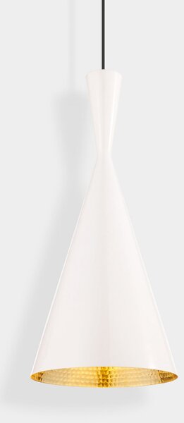 Tom Dixon LED κρεμαστό φωτιστικό Beat Tall, λευκό, Ø 19 cm, ορείχαλκος, ρυθμιζόμενος, Λευκό, Σαλόνι / τραπεζαρία, Ορείχαλκος, σχεδιασμός