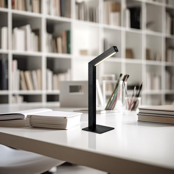 Reality Leuchten LED-Akku-Τραπεζοκαθιστικό φως Skip, μαύρο, MDF, ύψος 37,5 cm, ρυθμιζόμενος, Μαύρο, Σαλόνι / τραπεζαρία, Ξύλο