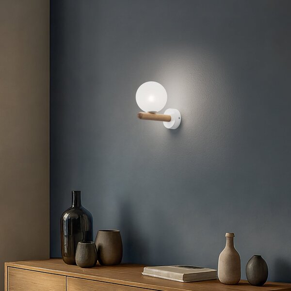 TK Lighting Φωτιστικό τοίχου Estera, λευκό/χρώμα ξύλου, γυαλί, G9, ρυθμιζόμενος, Λευκό, Σαλόνι / τραπεζαρία, Γυαλί, σύγχρονο