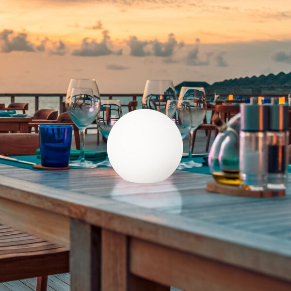 FH Lighting LED-Solar-Außenleuchte Dabus, Ø 25 cm, σφαίρα, λευκό, ακρυλικό, ρυθμιζόμενος, Λευκό, Σαλόνι / τραπεζαρία, Πλαστικό