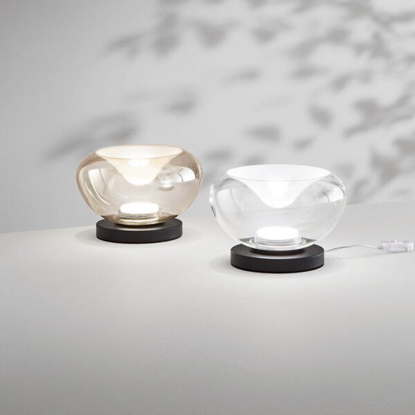 Fabas Luce LED επιτραπέζια λάμπα Brena, διαφανής, γυαλί, CCT, ρυθμιζόμενη ένταση φωτισμού, ρυθμιζόμενος, Διαφανές, Σαλόνι / τραπεζαρία, Γυαλί, σύγχρονο