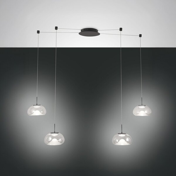 Fabas Luce LED κρεμαστή λάμπα Brena, 4 φτερά, διαφανές, γυαλί, CCT, ρυθμιζόμενη ένταση, ρυθμιζόμενος, Διαφανές, Σαλόνι / τραπεζαρία, Γυαλί, σύγχρονο