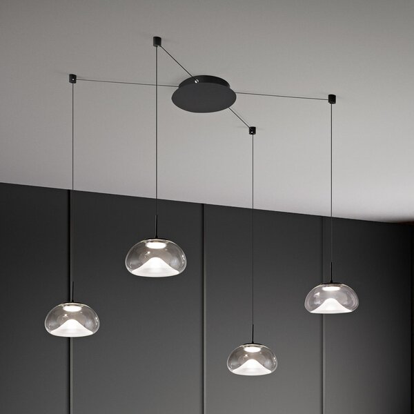 Fabas Luce LED κρεμαστή λάμπα Brena, 4 φτερά, διαφανές, γυαλί, CCT, ρυθμιζόμενη ένταση, ρυθμιζόμενος, Διαφανές, Σαλόνι / τραπεζαρία, Γυαλί, σύγχρονο