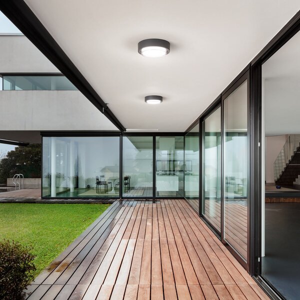 Fabas Luce Εξωτερικό φωτιστικό οροφής LED Owen, σκούρο γκρι, μέταλλο, 23 cm, IP65, Μαύρο, Αλουμίνιο, σύγχρονο