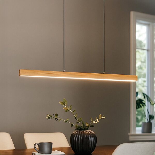 FISCHER & HONSEL LED κρεμαστή λάμπα Shine-Wood, μήκος 105 cm, δρυς/νικελίου, ρυθμιζόμενος, Ξύλου, Σαλόνι / τραπεζαρία, Ξύλο