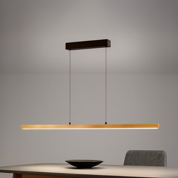 FISCHER & HONSEL LED κρεμαστή λάμπα Shine-Wood, μήκος 141 cm, δρυς/μαύρο CCT, ρυθμιζόμενος, Ξύλου, Σαλόνι / τραπεζαρία, Ξύλο