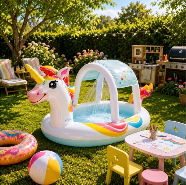 Φουσκωτή πισίνα Unicorn Spray Intex παιδική, χωρητικότητας 130lt, 254x132x109cm