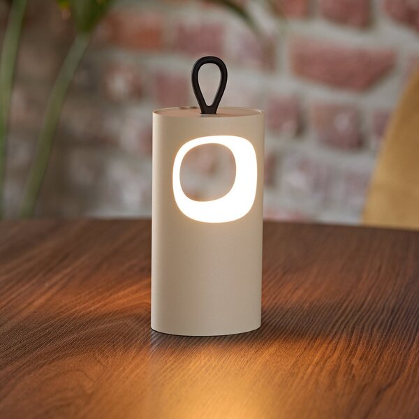 Sigor LED-Akku-Τραπεζοκόσμημα Lunari, μπεζ, 16 cm, μέταλλο, CCT IP44, ρυθμιζόμενος, Μπεζ, Σαλόνι / τραπεζαρία, Αλουμίνιο, σύγχρονο