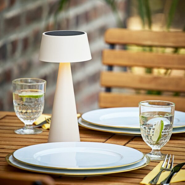 Sigor LED-Akku-Τραπεζοκαθιστικό φως Solino, μπεζ, ηλιακό/USB, 26 cm, IP44, ρυθμιζόμενος, Μπεζ, Σαλόνι / τραπεζαρία, Αλουμίνιο, σύγχρονο