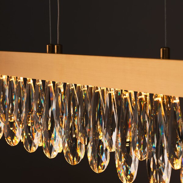 Brilliant LED κρεμαστή λάμπα Celestia, μήκος 110 cm, χρώμα ορείχαλκου, κρύσταλλο, ρυθμιζόμενος, Χρυσό / Ορείχαλκου, Σαλόνι / τραπεζαρία, Μέταλλο