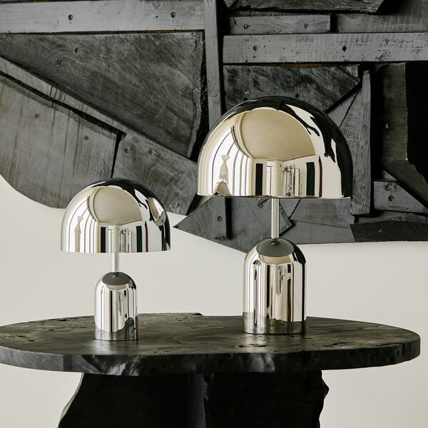 Tom Dixon LED επιτραπέζια λάμπα Bell, ασημί, 43 cm, ρυθμιζόμενη ένταση φωτισμού, ρυθμιζόμενος, Μεταλλικό, Σαλόνι / τραπεζαρία, Μέταλλο, σχεδιασμός