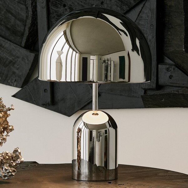 Tom Dixon LED επιτραπέζια λάμπα Bell, ασημί, 43 cm, ρυθμιζόμενη ένταση φωτισμού, ρυθμιζόμενος, Μεταλλικό, Σαλόνι / τραπεζαρία, Μέταλλο, σχεδιασμός