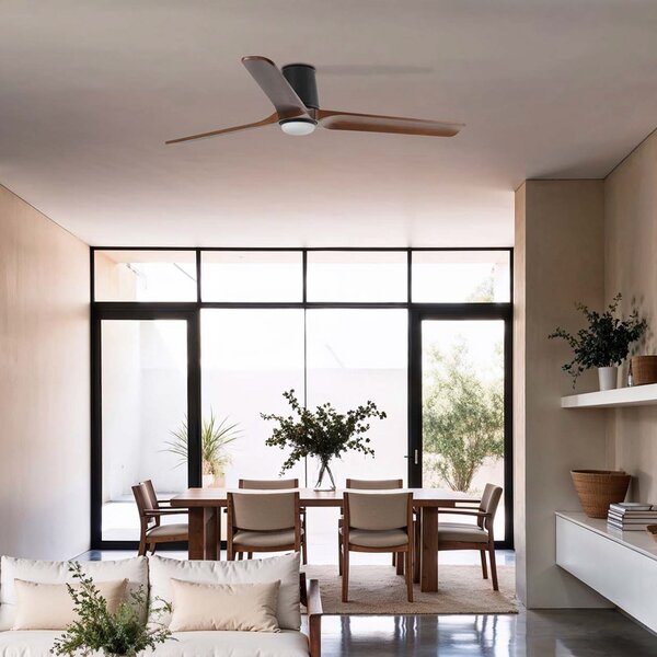 FARO BARCELONA Ανεμιστήρας LED Heywood L, Ø132 εκ., μαύρο/χρώμα ξύλου, DC, CCT, ρυθμιζόμενος, Ξύλου, Σαλόνι / τραπεζαρία, Ξύλο, σύγχρονο