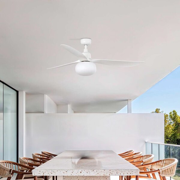 FARO BARCELONA Ανεμιστήρας οροφής με φως Outwood, λευκός, DC, αθόρυβος, Ø150cm, ρυθμιζόμενος, Λευκό, Σαλόνι / τραπεζαρία, Πλαστικό, σύγχρονο