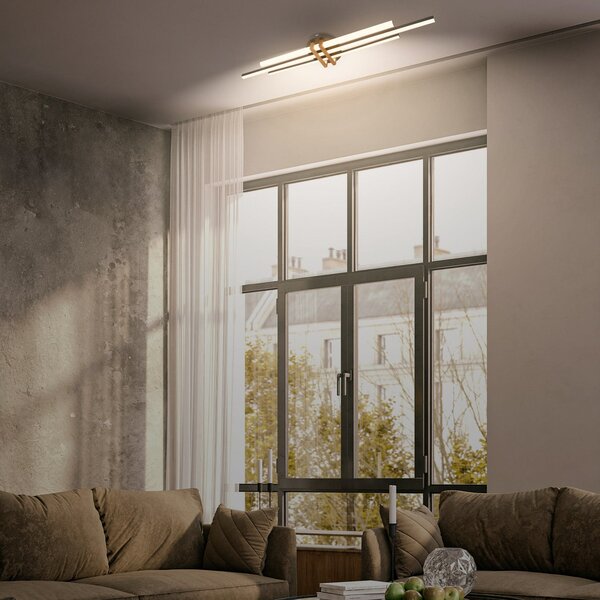 Briloner LED φωτιστικό οροφής Tinka, χρώμα ξύλου/μαύρο, μήκος 98 cm, Ξύλου, Σαλόνι / τραπεζαρία, Μέταλλο, σύγχρονο