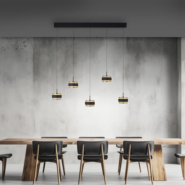 PURE Κρεμαστό φωτιστικό LED Falling Rings, μαύρο, μήκος 101 εκ., 5 λαμπτήρες, ρυθμιζόμενος, Μαύρο, Σαλόνι / τραπεζαρία, Μέταλλο, σύγχρονο