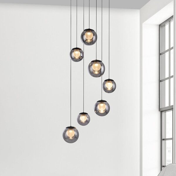 PURE Κρεμαστό φωτιστικό LED Popup, γκρι/ανθρακί, Ø 40 cm, 7 λάμπες, ρυθμιζόμενος, Γκρι, Σαλόνι / τραπεζαρία, Γυαλί