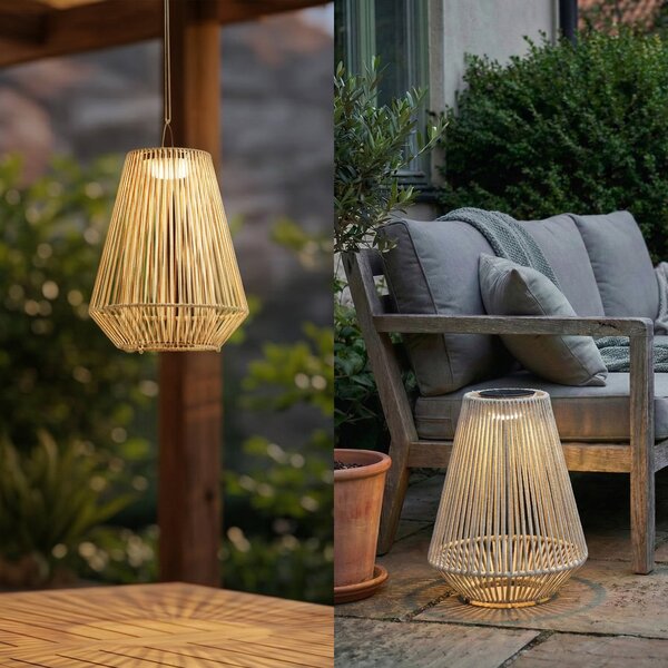 Lindby LED ηλιακή κρεμαστή λάμπα Austas, μπεζ, Ø 32 cm, USB, IP54, ρυθμιζόμενος, Μπεζ, Πλαστικό, σύγχρονο
