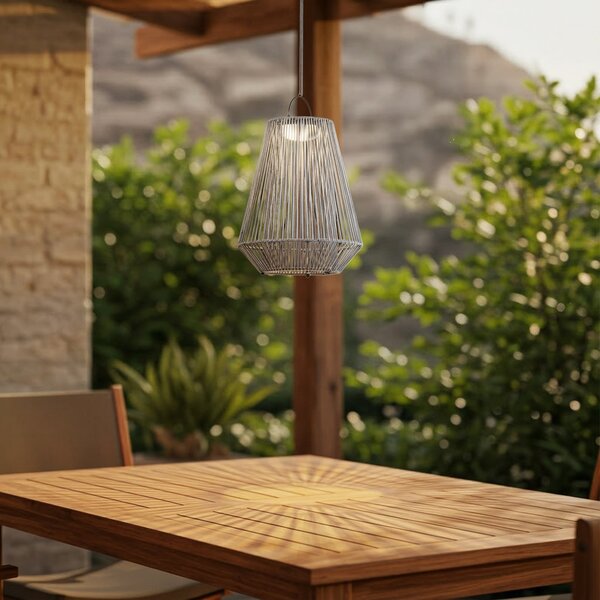 Lindby LED ηλιακή κρεμαστή λάμπα Austas, γκρι, Ø 32 cm, USB, IP54, ρυθμιζόμενος, Γκρι, Πλαστικό, σύγχρονο