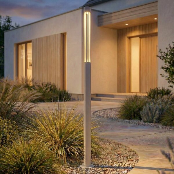 Lindby LED φωτιστικό διαδρόμου Fjorya, ύψος 90 cm, γκρι πέτρα, IP65, Γκρι, Αλουμίνιο, σύγχρονο