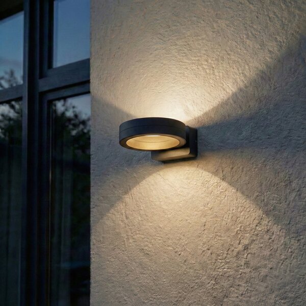 Lindby LED εξωτερικός φωτισμός τοίχου Selviro, ανθρακί, Ø 20cm, IP65, Μαύρο, Αλουμίνιο, σύγχρονο