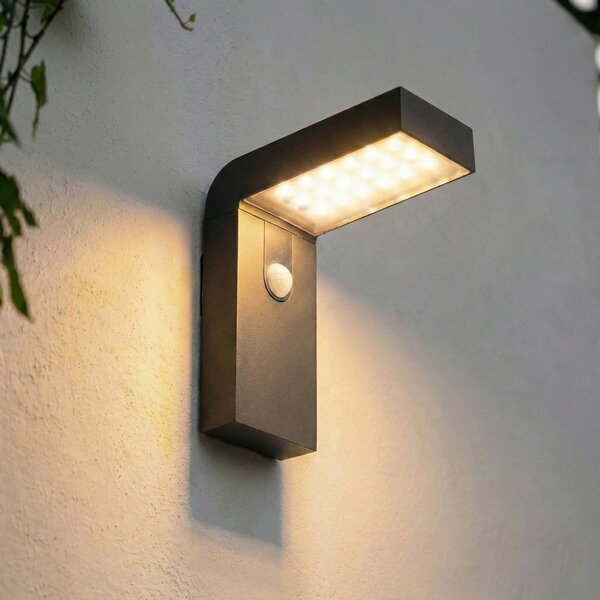 PRIOS Prios LED ηλιακό φωτιστικό τοίχου Aurino, μαύρο, αισθητήρας, IP44, Μαύρο, Αλουμίνιο, Ηλιακά φώτα