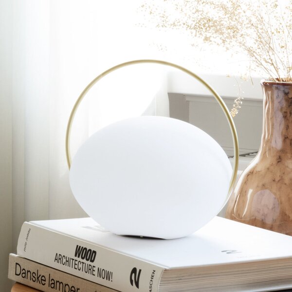 UMAGE LED φορητή επιτραπέζια λάμπα Orbit, λευκό/ορείχαλκος, IP44, CCT, ρυθμιζόμενος, Λευκό, Σαλόνι / τραπεζαρία, Πλαστικό, σχεδιασμός