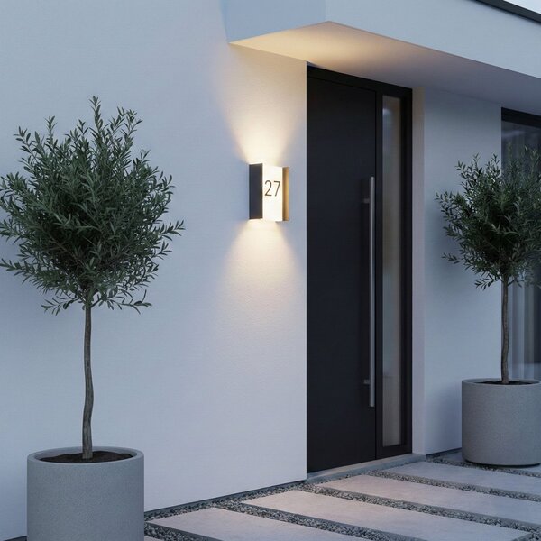 Lindby LED εξωτερική λάμπα τοίχου Selqa, αριθμός σπιτιού, ανθρακί, IP65, Μαύρο, Μέταλλο, σύγχρονο