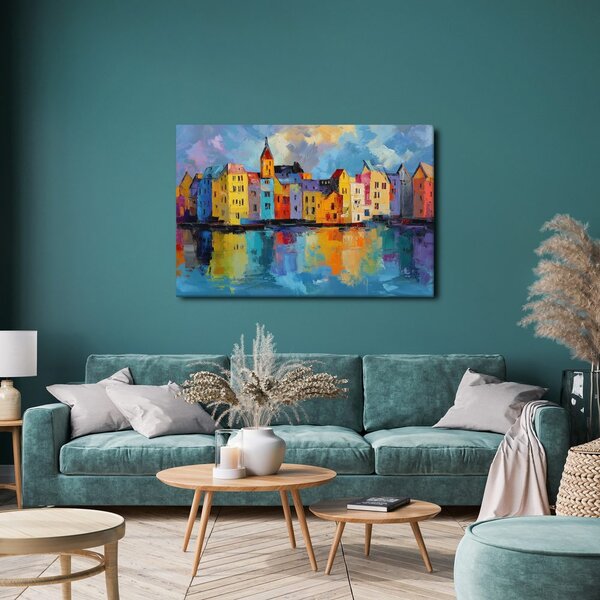 Πίνακας σε καμβά πολύχρωμα σπίτια δίπλα στο ποτάμι