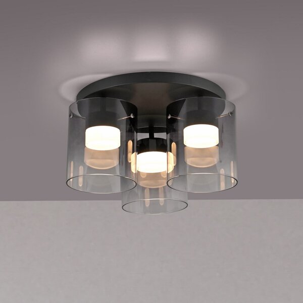 JUST LIGHT. GmbH Φωτιστικό οροφής LED Elio καπνιστό γυαλί, 3 φώτα, μαύρο, ρυθμιζόμενος, Γκρι, Σαλόνι / τραπεζαρία, Γυαλί, σύγχρονο