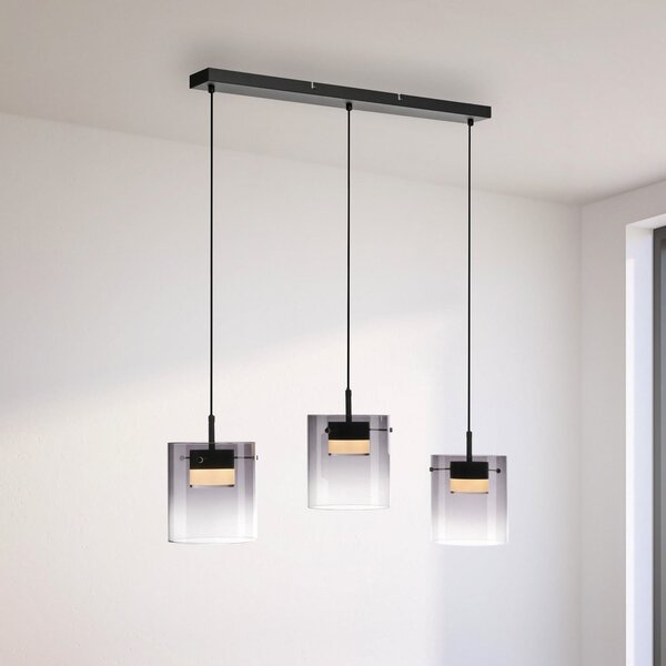 JUST LIGHT. GmbH Κρεμαστό φωτιστικό LED Elio, καπνιστό γυαλί, 3 φώτα, μαύρο, ρυθμιζόμενος, Γκρι, Σαλόνι / τραπεζαρία, Γυαλί, σύγχρονο