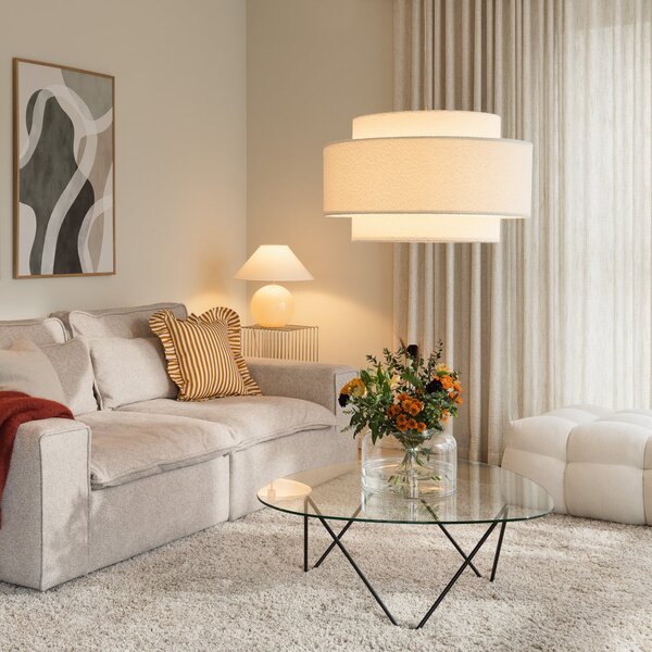 Globen Lighting Κρεμαστό φωτιστικό Noah Bouclé, Ø 70 cm, λευκό, ρυθμιζόμενος, Λευκό, Σαλόνι / τραπεζαρία, Ύφασμα / Κλωστοϋφαντουργία, Σκανδιναβικό