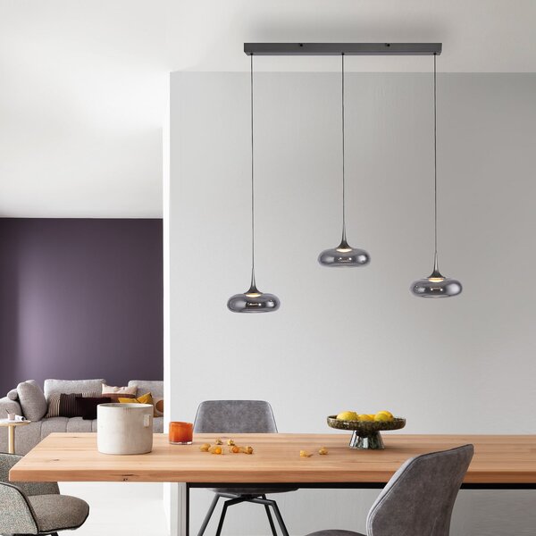 Schöner Wohnen LED κρεμαστή λάμπα Posh 3-φωτιστικά, καπνιστό γυαλί, 3.000 K, ρυθμιζόμενος, Γκρι, Σαλόνι / τραπεζαρία, Γυαλί, σύγχρονο