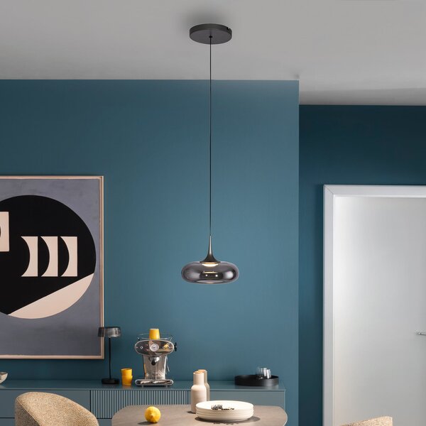 Schöner Wohnen LED κρεμαστή λάμπα Posh 1-φωτιστικό, καπνιστό γυαλί, 3.000 K, ρυθμιζόμενος, Γκρι, Σαλόνι / τραπεζαρία, Γυαλί, σύγχρονο