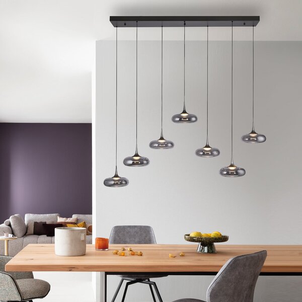 Schöner Wohnen LED κρεμαστή λάμπα Posh 7-φωτεινές, καπνιστό γυαλί, 3.000 K, ρυθμιζόμενος, Γκρι, Σαλόνι / τραπεζαρία, Γυαλί, σύγχρονο